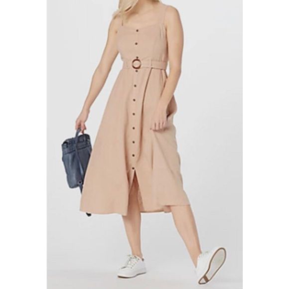 🧺All Worthy Tan Belted Midi Button Down Dress, size 14 - Picture 1 of 5